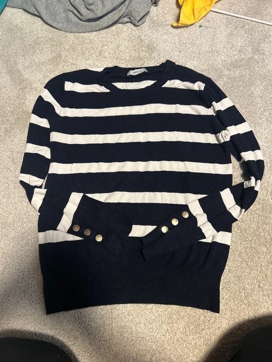 Zara Sweaters - Zara Navy and White Striped Crewneck Sweater with Gold Buttons